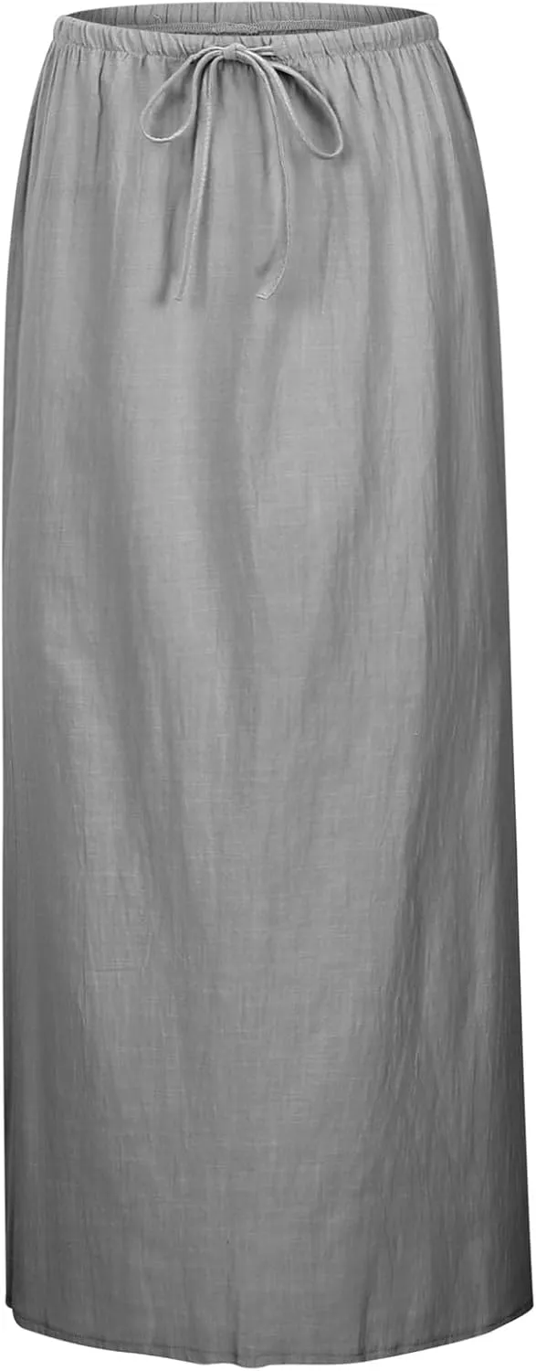Linen Maxi Skirts for Women Trendy Flowy Boho Summer Skirt a Line Drawstring Long Skirt Vacation Bohomian Dress 2025