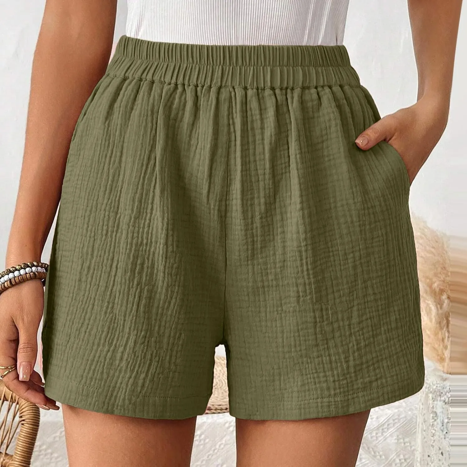 Linen Paperbag Shorts for Women High Waisted Wide Leg Pants Drawstring Baggy Sweatpants Summer Bermuda Shorts, Medium