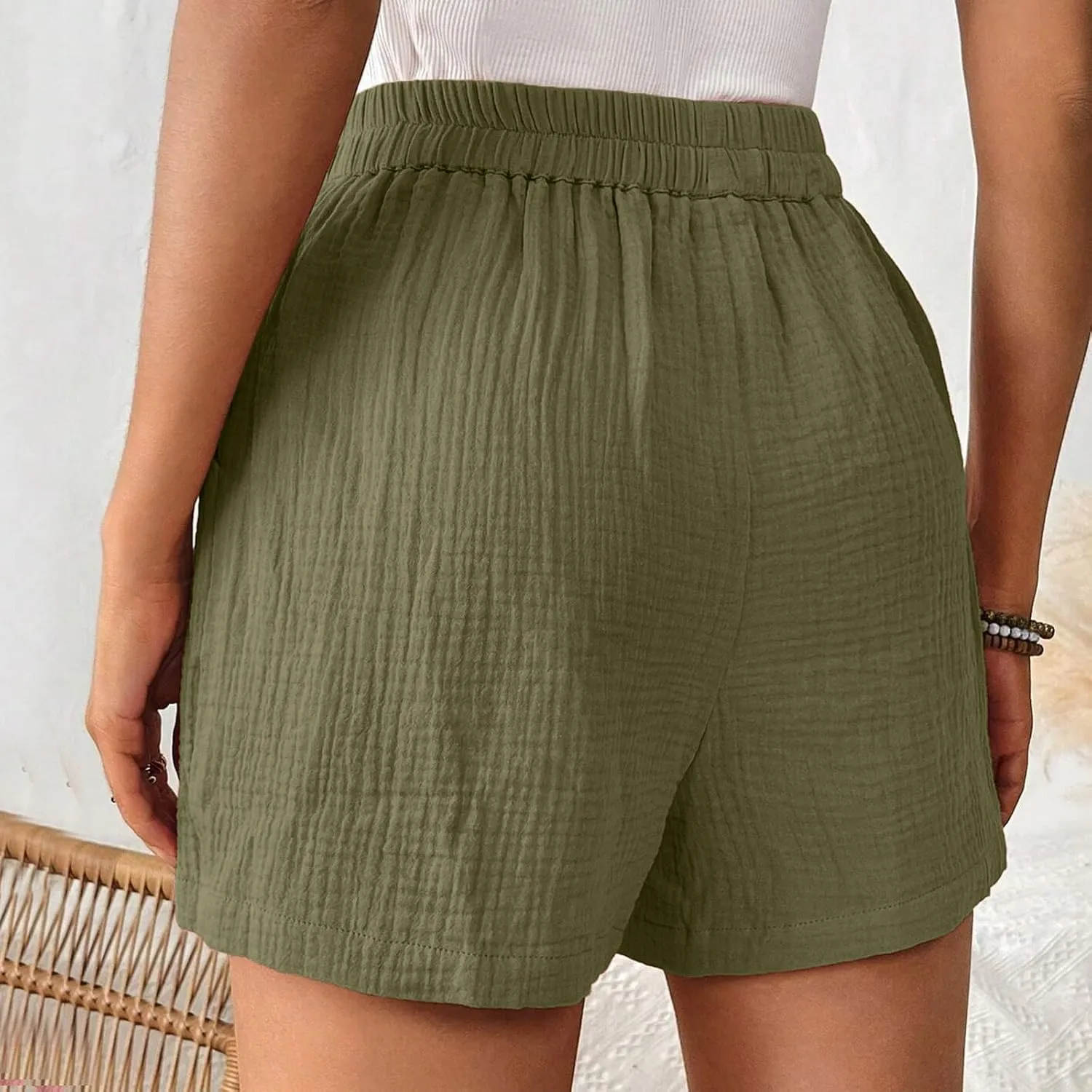 Linen Paperbag Shorts for Women High Waisted Wide Leg Pants Drawstring Baggy Sweatpants Summer Bermuda Shorts, Medium