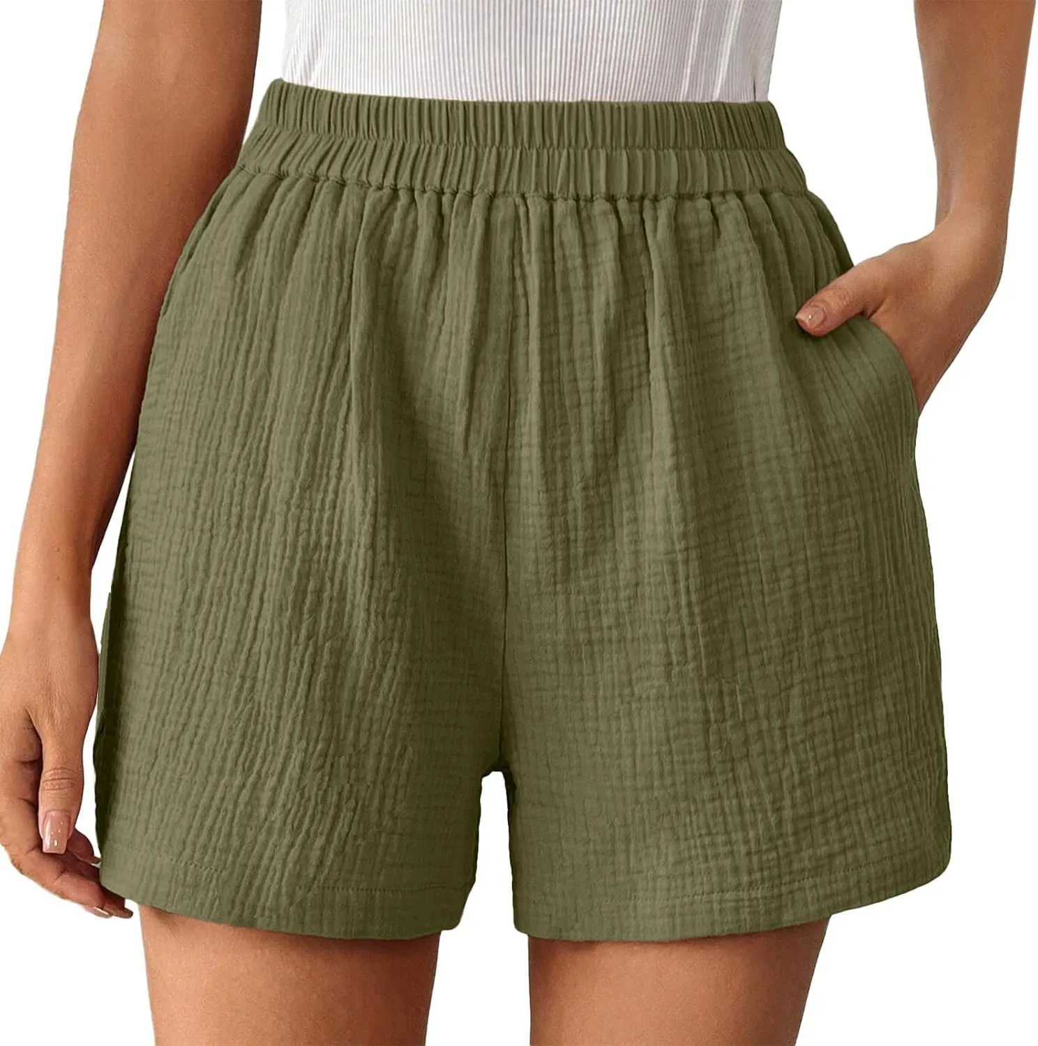 Linen Paperbag Shorts for Women High Waisted Wide Leg Pants Drawstring Baggy Sweatpants Summer Bermuda Shorts, Medium