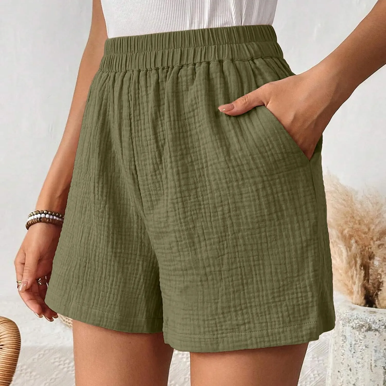 Linen Paperbag Shorts for Women High Waisted Wide Leg Pants Drawstring Baggy Sweatpants Summer Bermuda Shorts, Medium