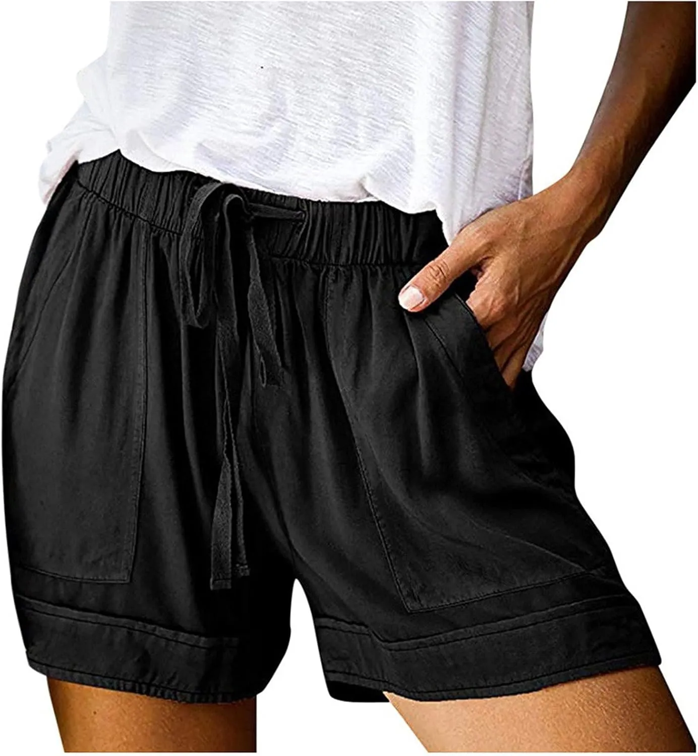 Linen Shorts for Women with Pockets Drawstring Elastic High Waist Pants Casual Plus Size Shorts Summer Beach Shorts
