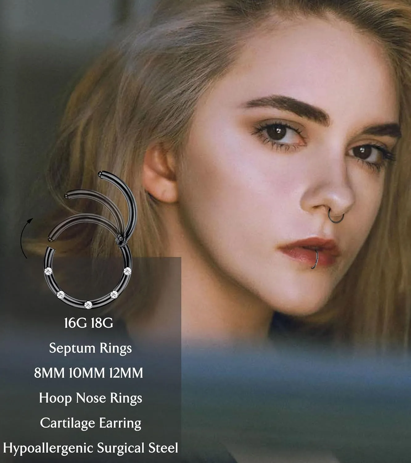 LOLIAS Septum Rings 16G 18G Surgical Steel Nose Rings Hoops for Women Seamless Clicker Hinged Segment Hoop Lip Nose Rings Conch Lip Helix Cartilage Earring Septum Jewelry Lip Nose Daith Hlix Piercing Jewelry 8MM 10MM 12MM