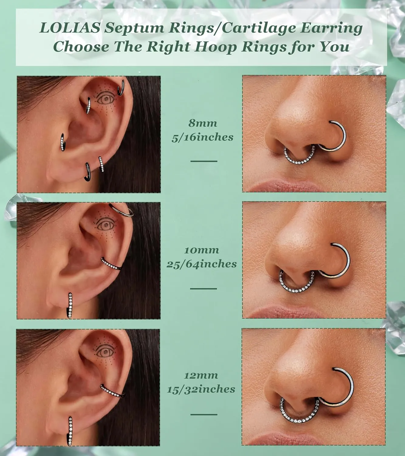 LOLIAS Septum Rings 16G 18G Surgical Steel Nose Rings Hoops for Women Seamless Clicker Hinged Segment Hoop Lip Nose Rings Conch Lip Helix Cartilage Earring Septum Jewelry Lip Nose Daith Hlix Piercing Jewelry 8MM 10MM 12MM