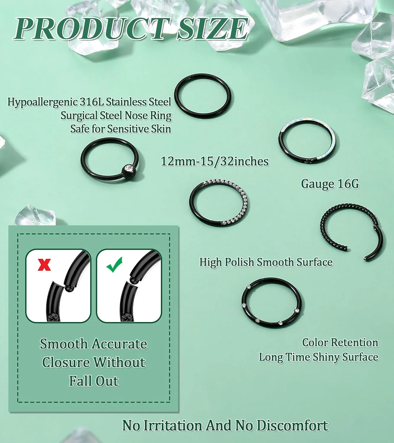 LOLIAS Septum Rings 16G 18G Surgical Steel Nose Rings Hoops for Women Seamless Clicker Hinged Segment Hoop Lip Nose Rings Conch Lip Helix Cartilage Earring Septum Jewelry Lip Nose Daith Hlix Piercing Jewelry 8MM 10MM 12MM