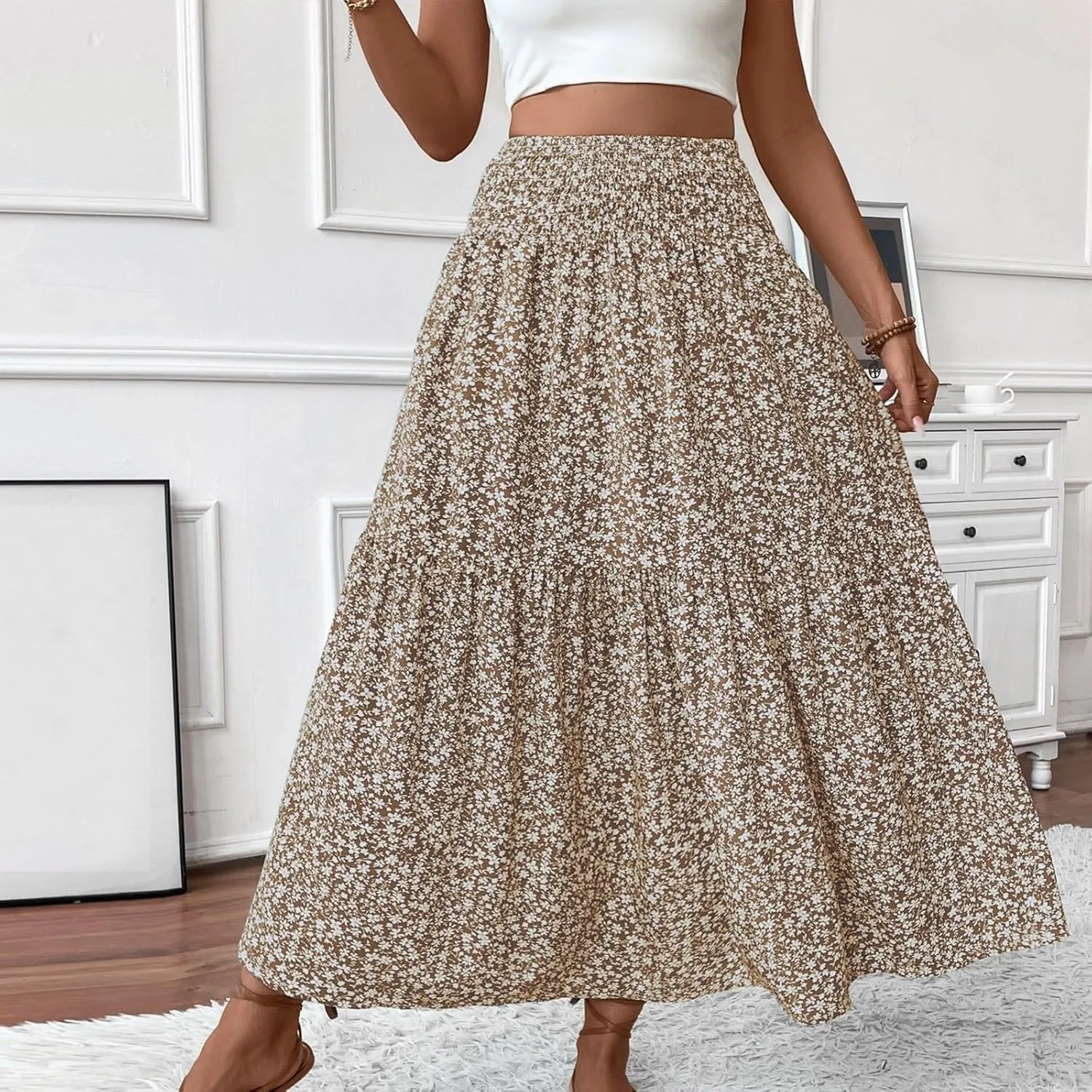 Long Flowy Skirts for Women Summer Ruffle Floral Maxi Skirts Elastic High Waist Pleated A Line Beach Tiered Dress