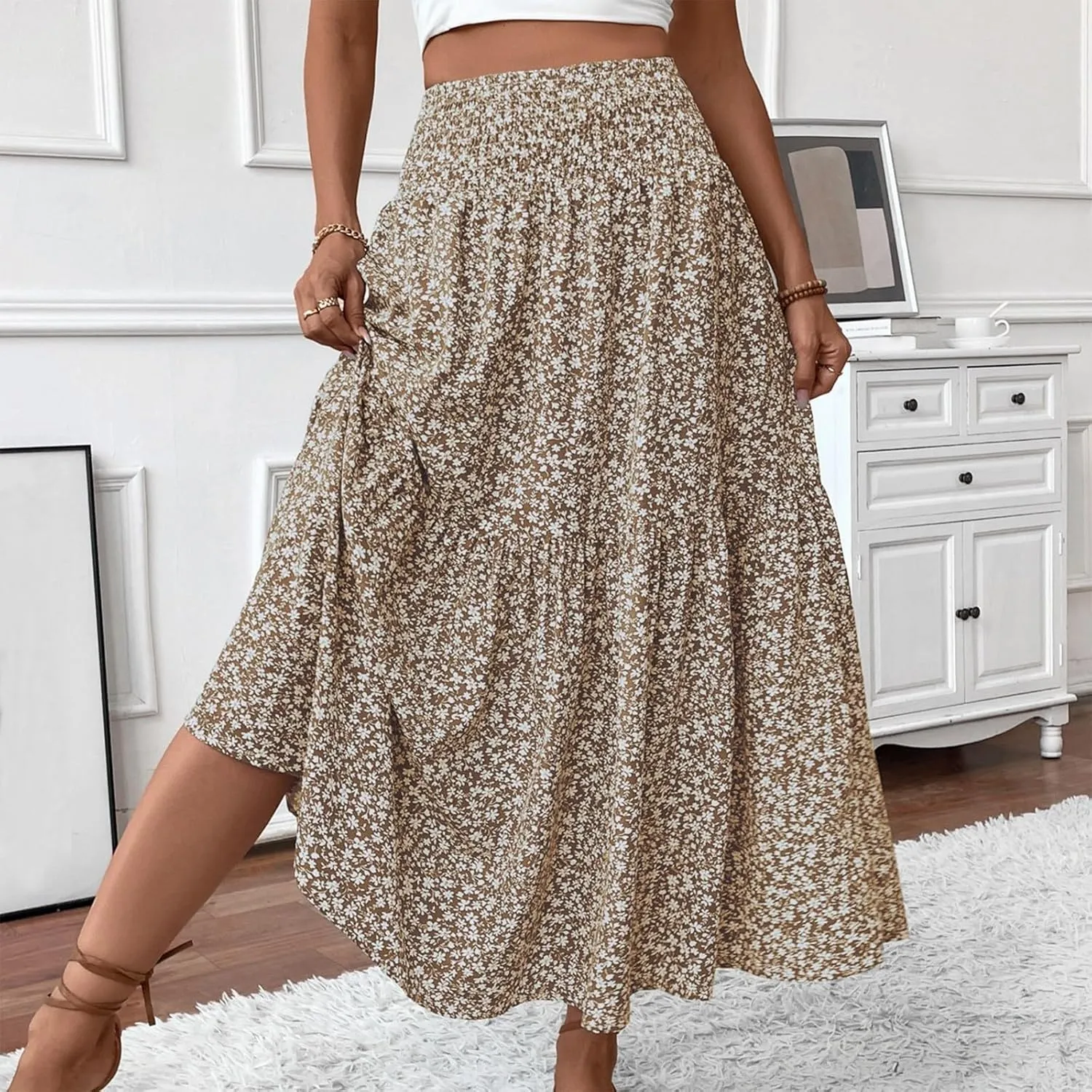 Long Flowy Skirts for Women Summer Ruffle Floral Maxi Skirts Elastic High Waist Pleated A Line Beach Tiered Dress