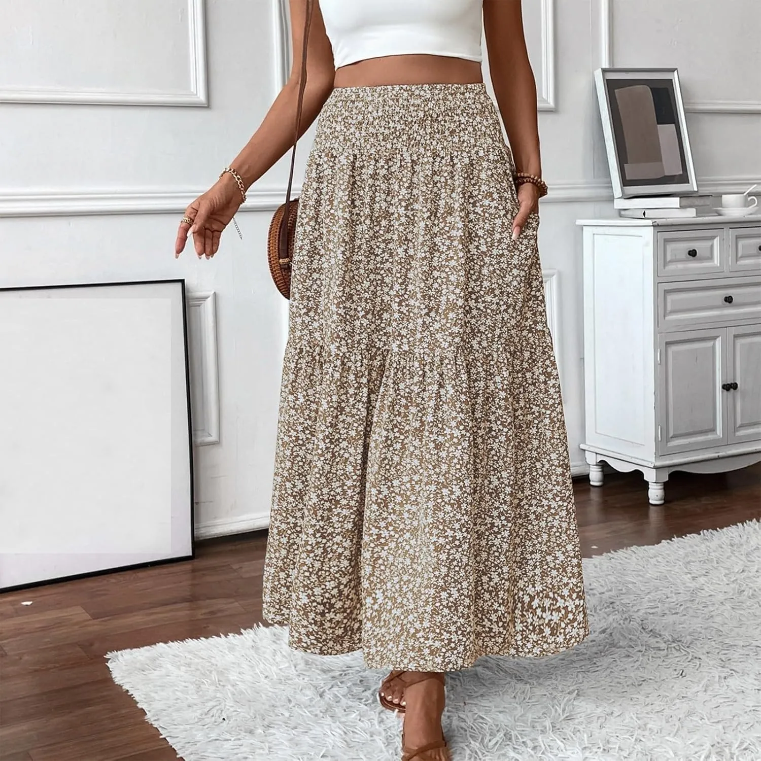 Long Flowy Skirts for Women Summer Ruffle Floral Maxi Skirts Elastic High Waist Pleated A Line Beach Tiered Dress
