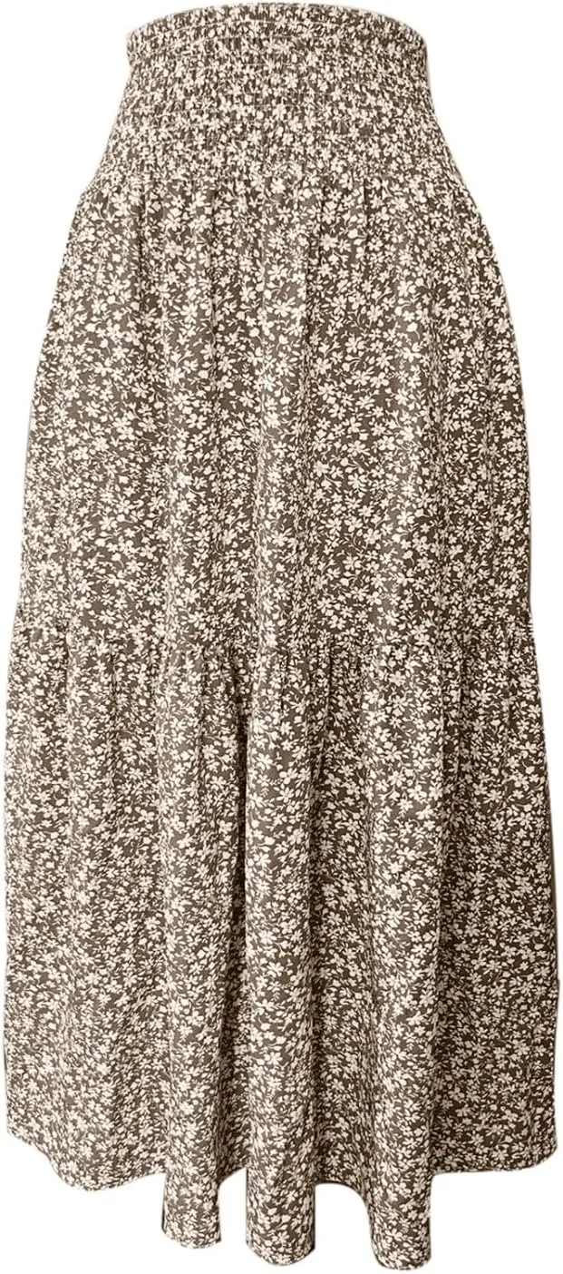 Long Flowy Skirts for Women Summer Ruffle Floral Maxi Skirts Elastic High Waist Pleated A Line Beach Tiered Dress