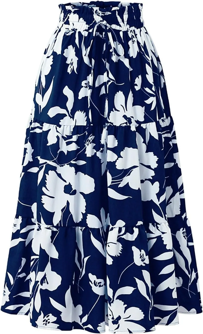 Long Skirts for Women Summer Floral Flowy Maxi Skirt Pleated High Waisted A Line Skirts Trendy Smocked Waist Skirt