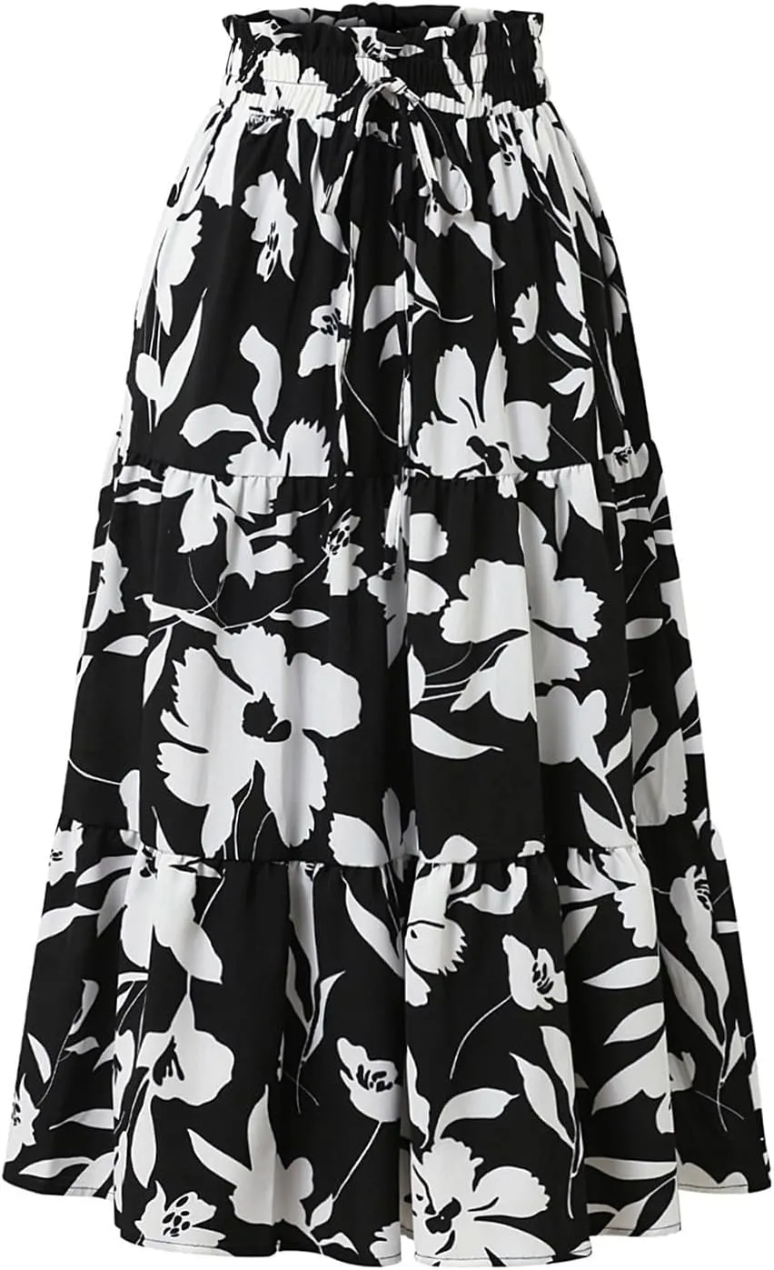 Long Skirts for Women Summer Floral Flowy Maxi Skirt Pleated High Waisted A Line Skirts Trendy Smocked Waist Skirt
