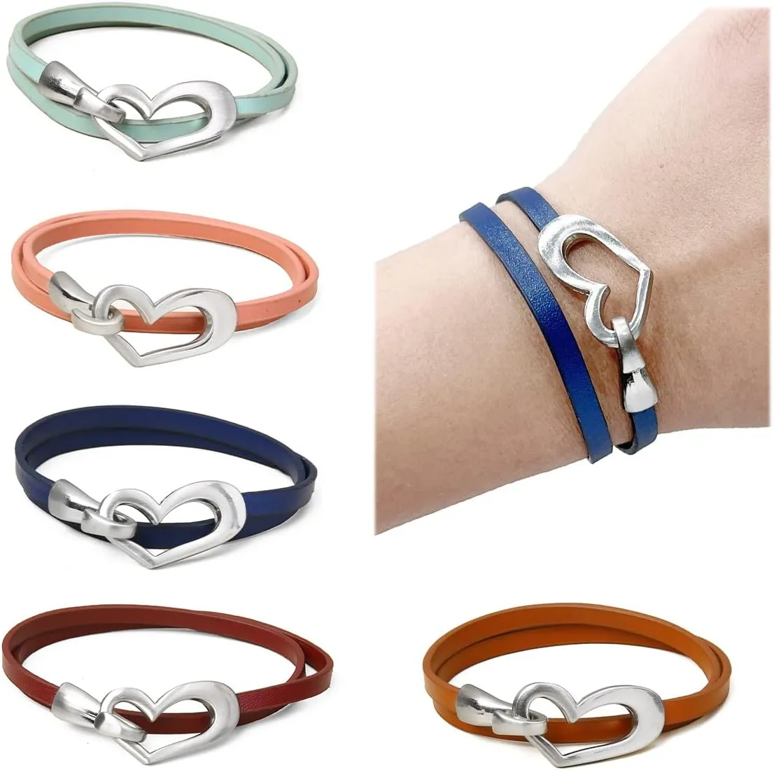Long tiantian Heart Leather Bracelets for Women Stackable Layered Bangle Cuffs Boho Wrap Bracelets Boho Leather Jewelry Birthday Gifts for Women