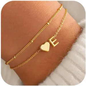 M MOOHAM Initial Heart Gold Bracelets for Women - Layered Dainty Gold Heart Letter A-Z Charm Bracelets for Women, Chain Link Charm Bracelets Beaded Bracelets Birthday Gifts Womens Jewelry