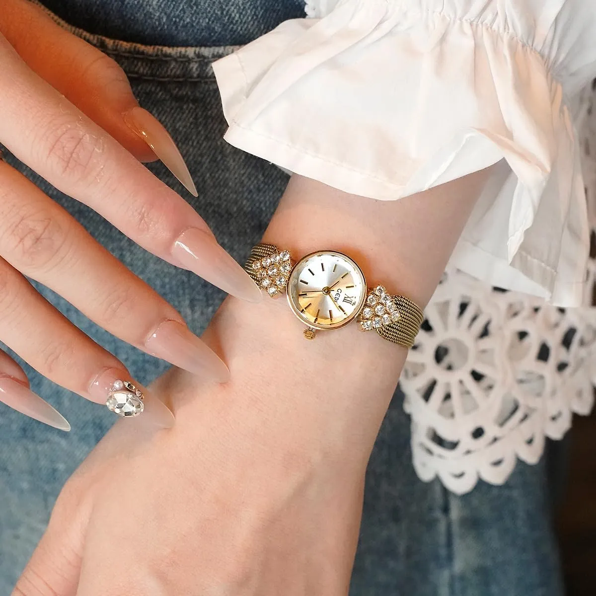 MASTOP Gold Watches for Women Vintage Dainty Quartz Watch with Stainless Steel Mesh Band Crystal Accents Waterproof Design