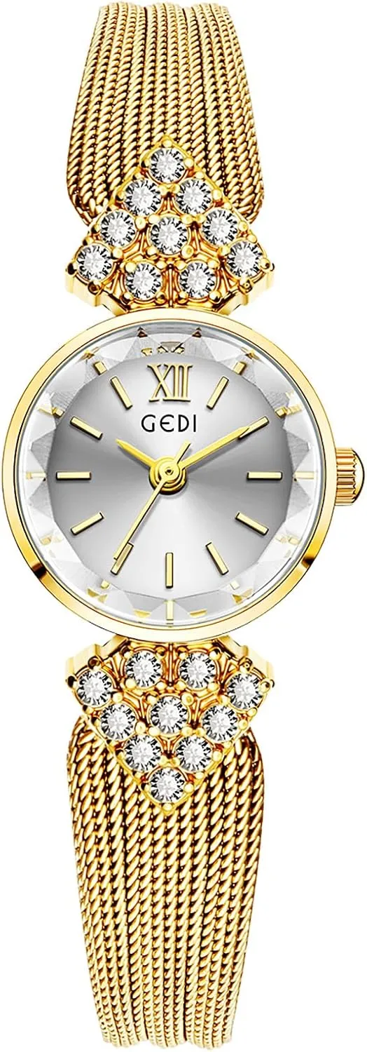 MASTOP Gold Watches for Women Vintage Dainty Quartz Watch with Stainless Steel Mesh Band Crystal Accents Waterproof Design