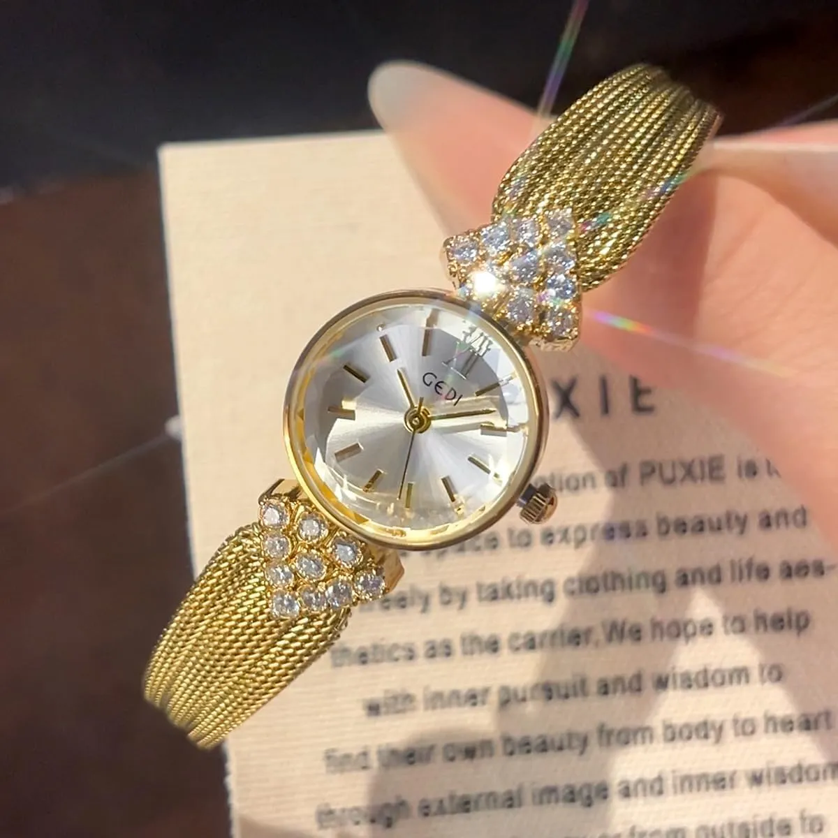MASTOP Gold Watches for Women Vintage Dainty Quartz Watch with Stainless Steel Mesh Band Crystal Accents Waterproof Design