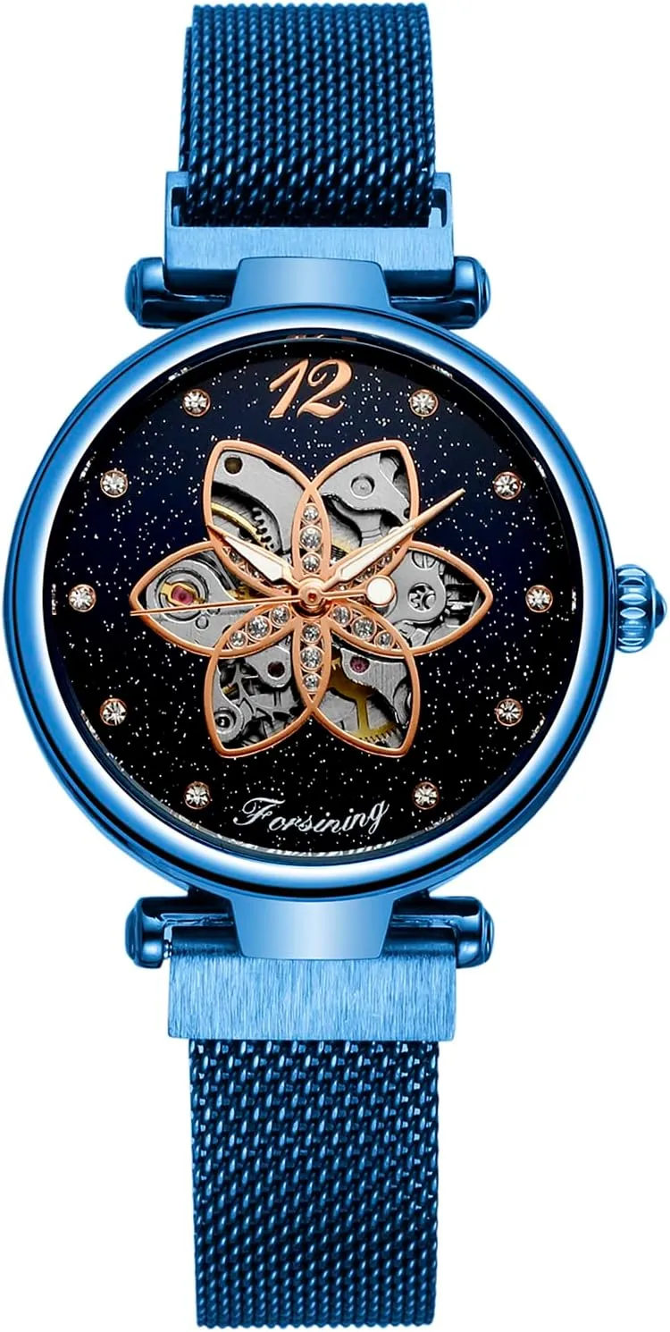 MASTOP Luxury Diamond Women Mechanical Watches Automatic Female Watches Waterproof Fashion Mesh Design (Blue)