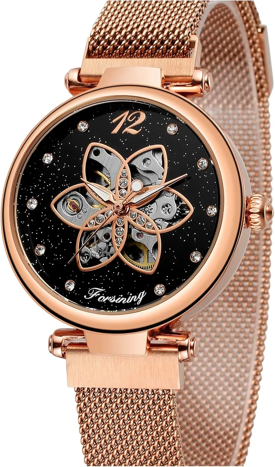 MASTOP Luxury Diamond Women Mechanical Watches Automatic Female Watches Waterproof Fashion Mesh Design (Rose Gold Black)