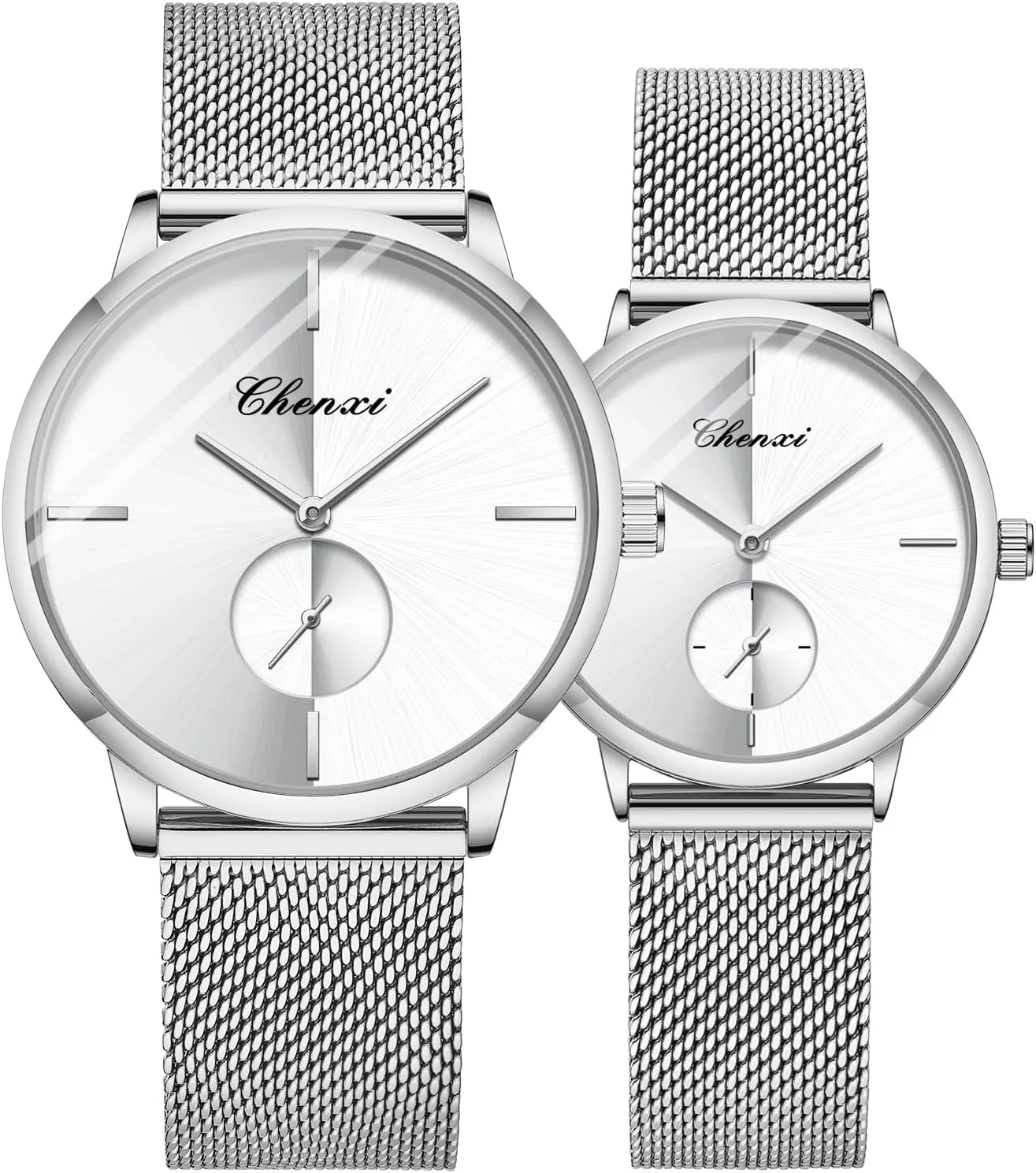 MASTOP Swiss Brand Couple Watch Men Women Stainless Steel Silver Mesh Strap Waterproof Watches(Silver White)