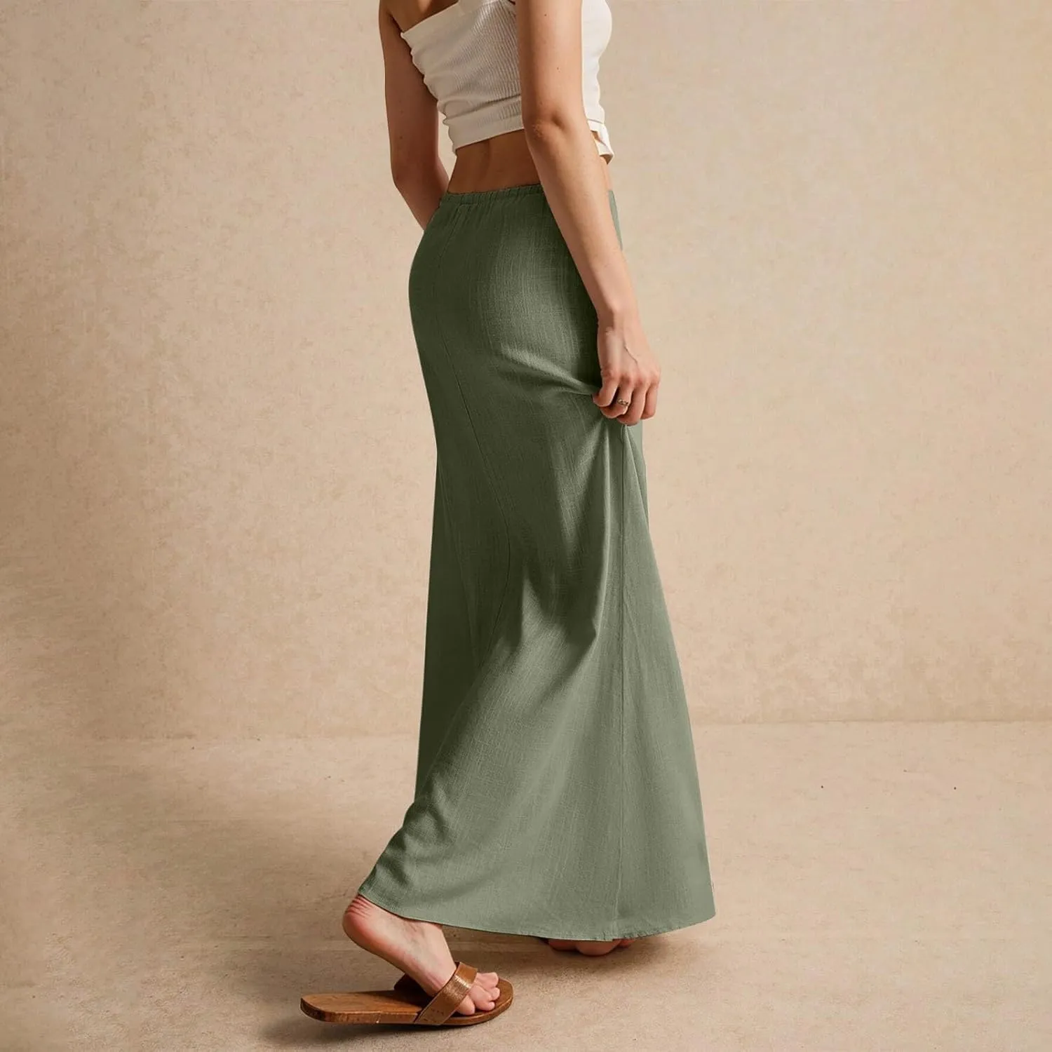 Maxi Skirt Linen Cotton Flared Ankle Length Long Flowy Elastic Low Waist Drawstring Summer Casual Dresses for Women