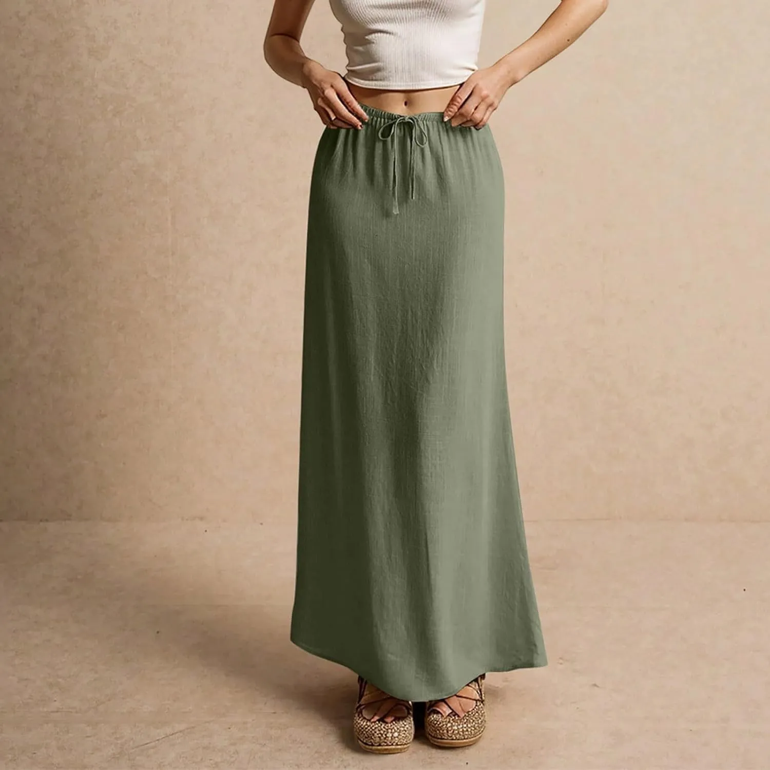 Maxi Skirt Linen Cotton Flared Ankle Length Long Flowy Elastic Low Waist Drawstring Summer Casual Dresses for Women