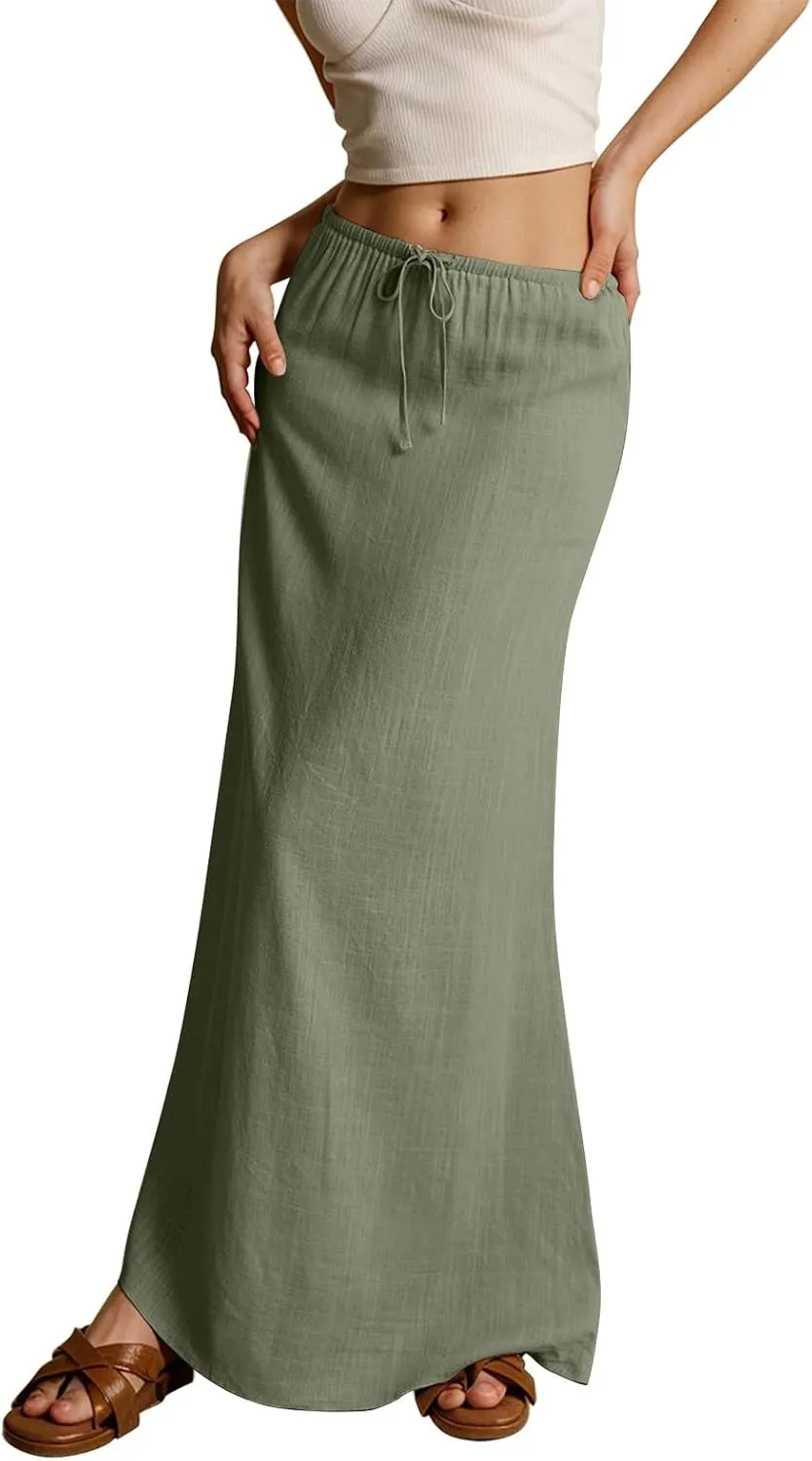 Maxi Skirt Linen Cotton Flared Ankle Length Long Flowy Elastic Low Waist Drawstring Summer Casual Dresses for Women