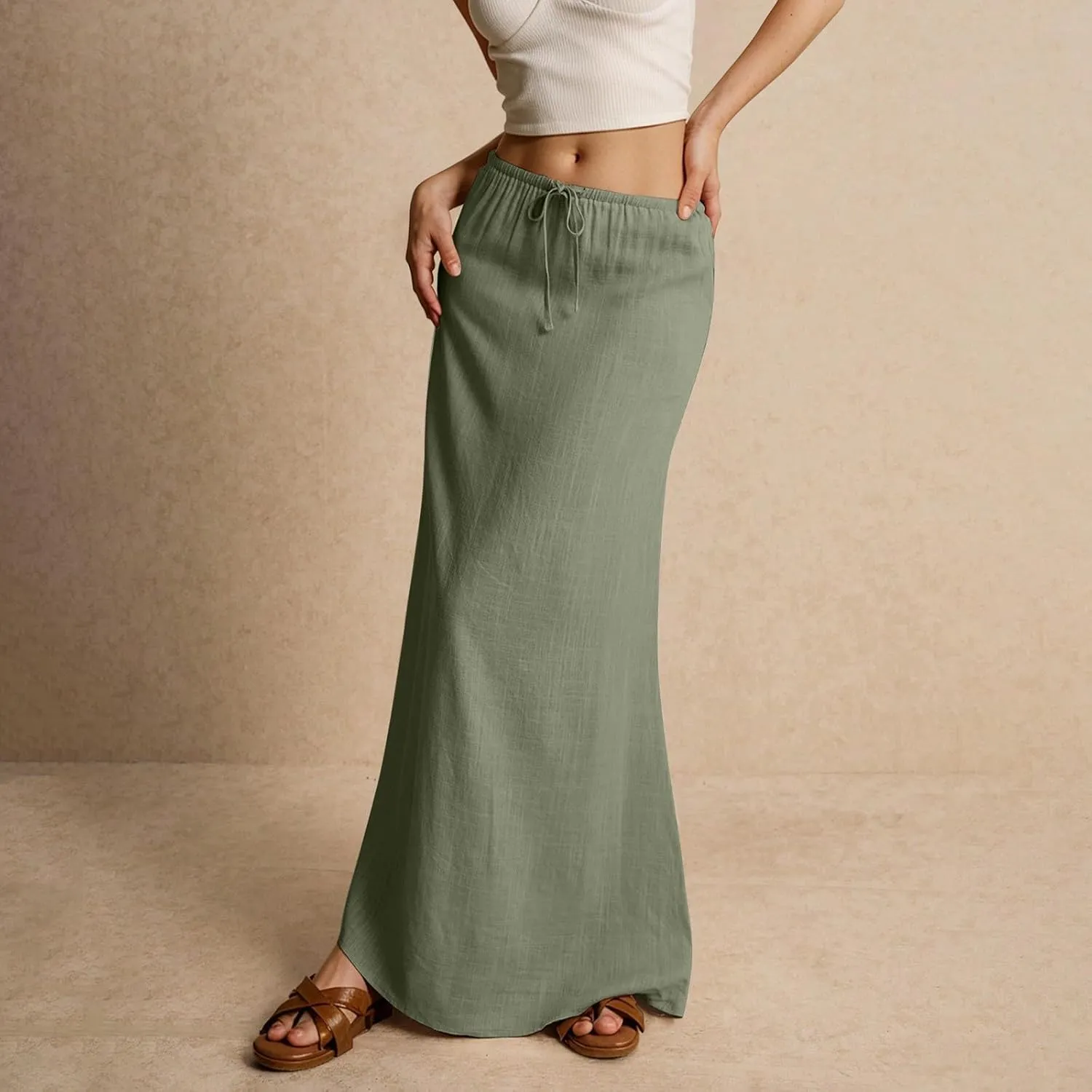 Maxi Skirt Linen Cotton Flared Ankle Length Long Flowy Elastic Low Waist Drawstring Summer Casual Dresses for Women