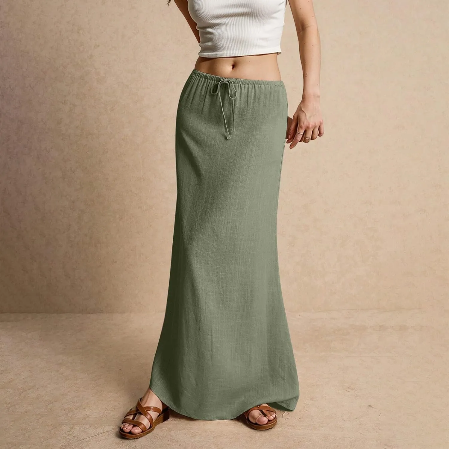 Maxi Skirt Linen Cotton Flared Ankle Length Long Flowy Elastic Low Waist Drawstring Summer Casual Dresses for Women