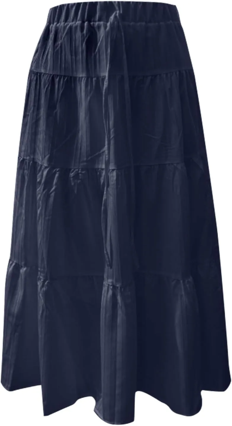 Maxi Skirts for Women with Pockets Cotton Linen Casual Boho Ruffled Tiered Long Skirt Flowy Summer Beach Skorts