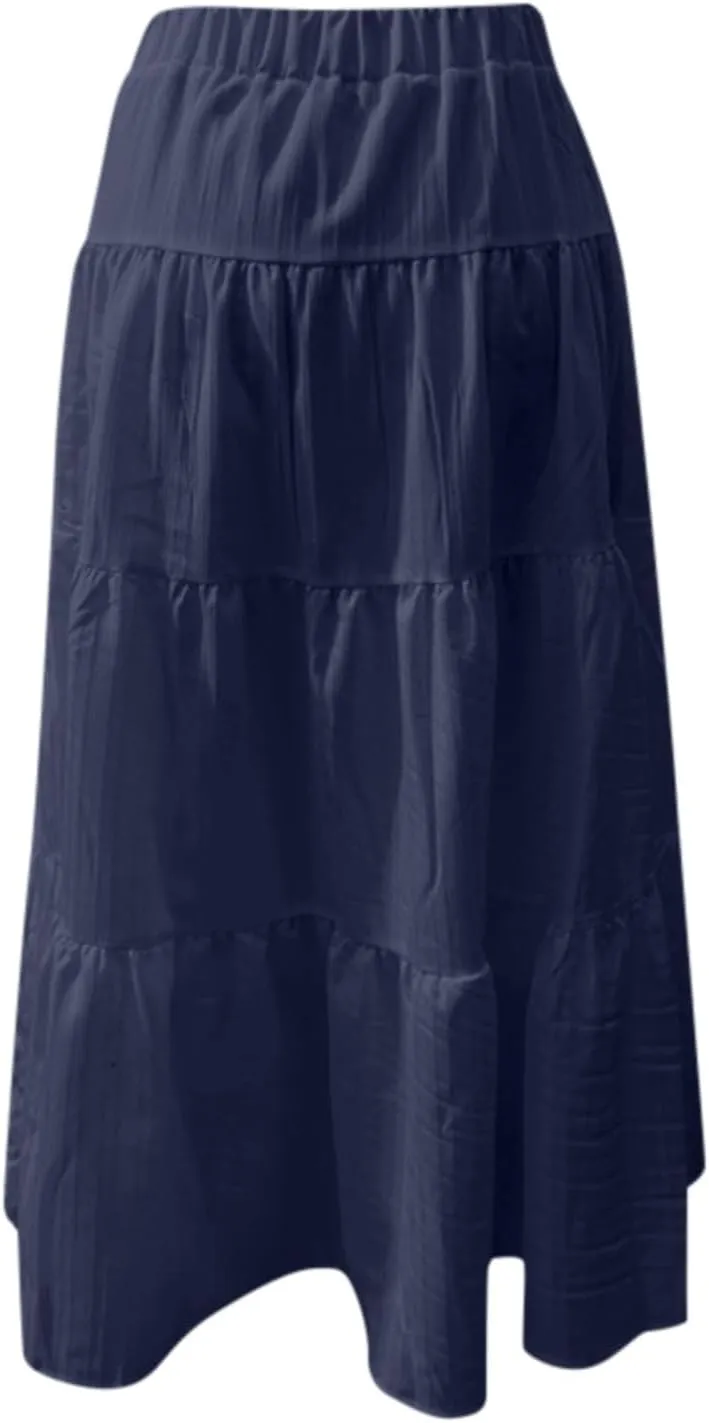 Maxi Skirts for Women with Pockets Cotton Linen Casual Boho Ruffled Tiered Long Skirt Flowy Summer Beach Skorts