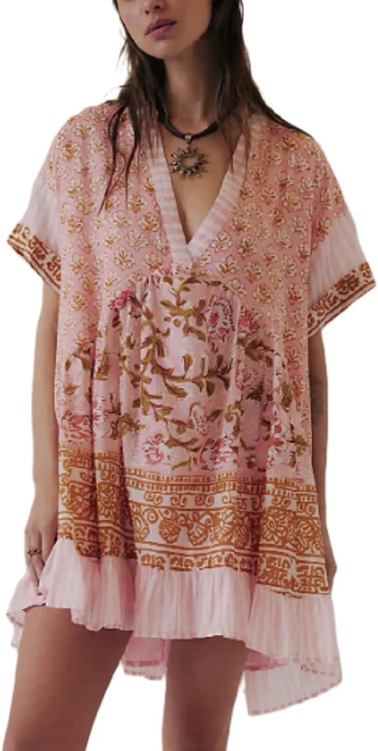 Melliflo Women's Floral Print Bohemian Mini Dress V-Neck Short Sleeve Ruffle Hem Y2k Summer Casual Beach Dress