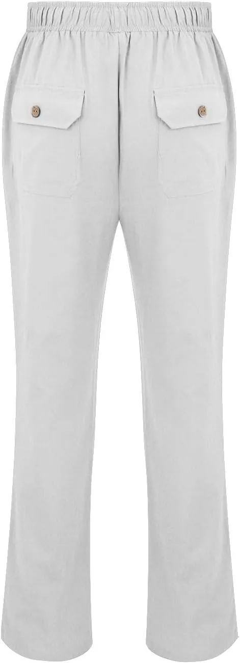 Mens Cotton Linen Slim Fit Pants Lightweight Drawstrings Summer Beach Trousers Breathable Casual Multi Pockets Yoga Pants