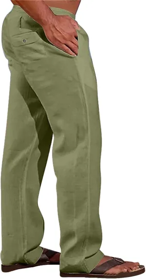 Mens Cotton Linen Slim Fit Pants Lightweight Drawstrings Summer Beach Trousers Breathable Casual Multi Pockets Yoga Pants