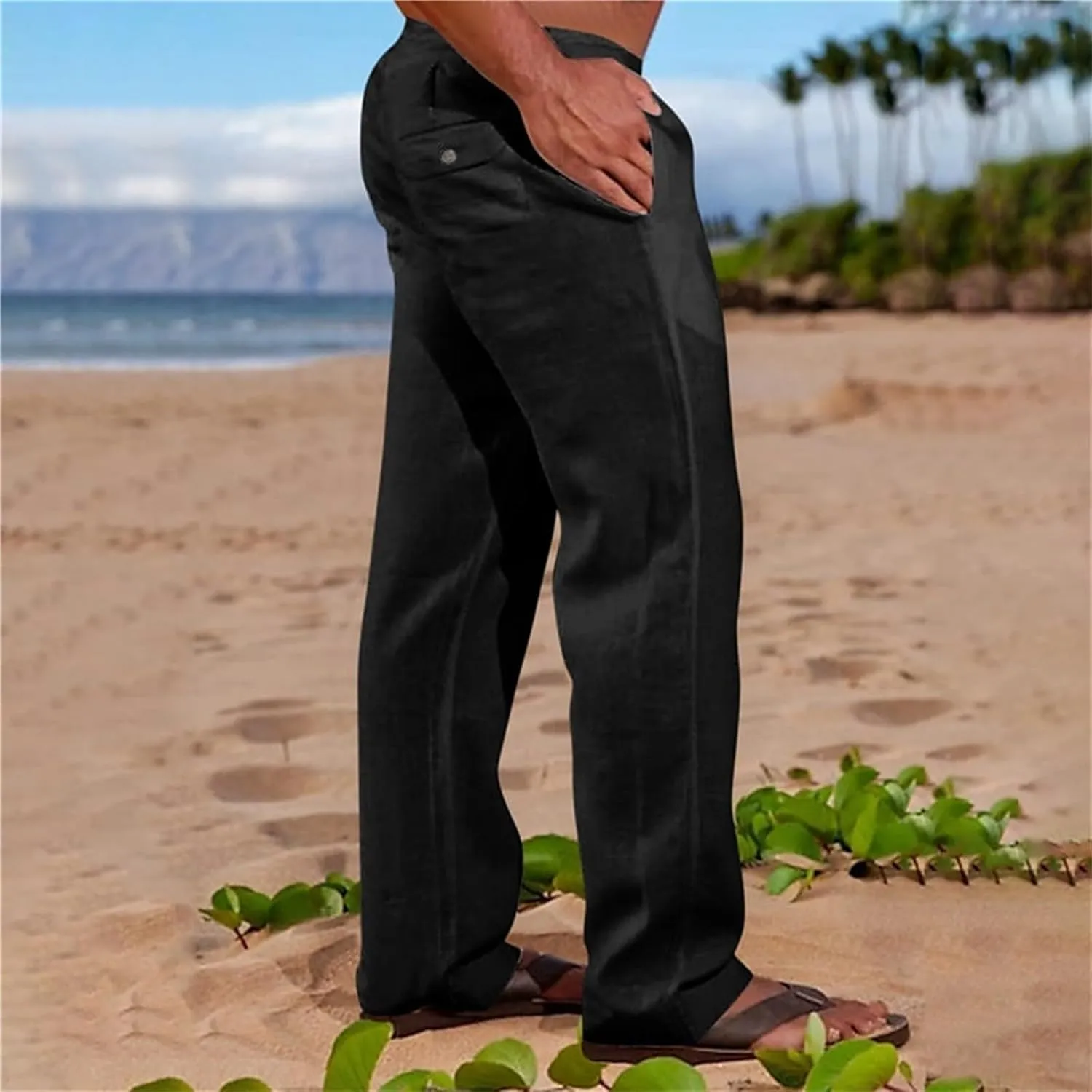 Mens Cotton Linen Slim Fit Pants Lightweight Drawstrings Summer Beach Trousers Breathable Casual Multi Pockets Yoga Pants