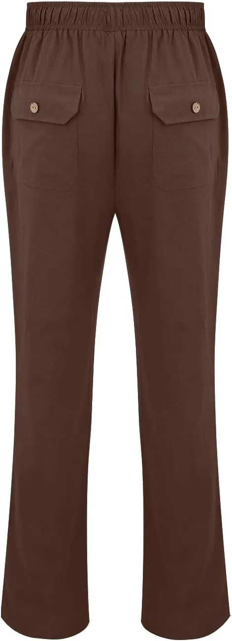 Mens Cotton Linen Slim Fit Pants Lightweight Drawstrings Summer Beach Trousers Breathable Casual Multi Pockets Yoga Pants