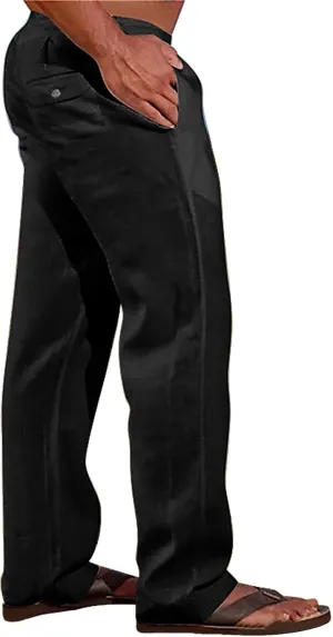 Mens Cotton Linen Slim Fit Pants Lightweight Drawstrings Summer Beach Trousers Breathable Casual Multi Pockets Yoga Pants