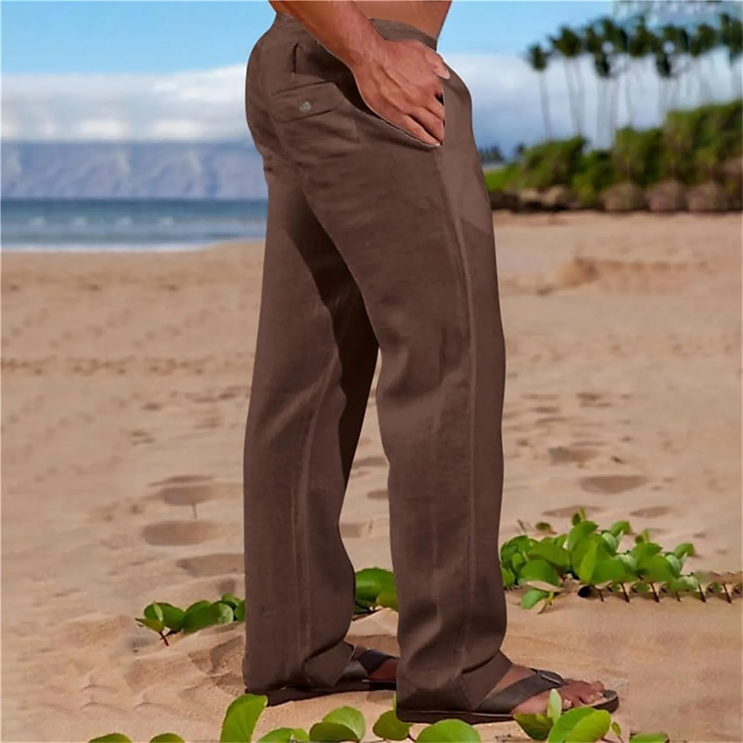 Mens Cotton Linen Slim Fit Pants Lightweight Drawstrings Summer Beach Trousers Breathable Casual Multi Pockets Yoga Pants