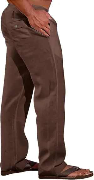 Mens Cotton Linen Slim Fit Pants Lightweight Drawstrings Summer Beach Trousers Breathable Casual Multi Pockets Yoga Pants