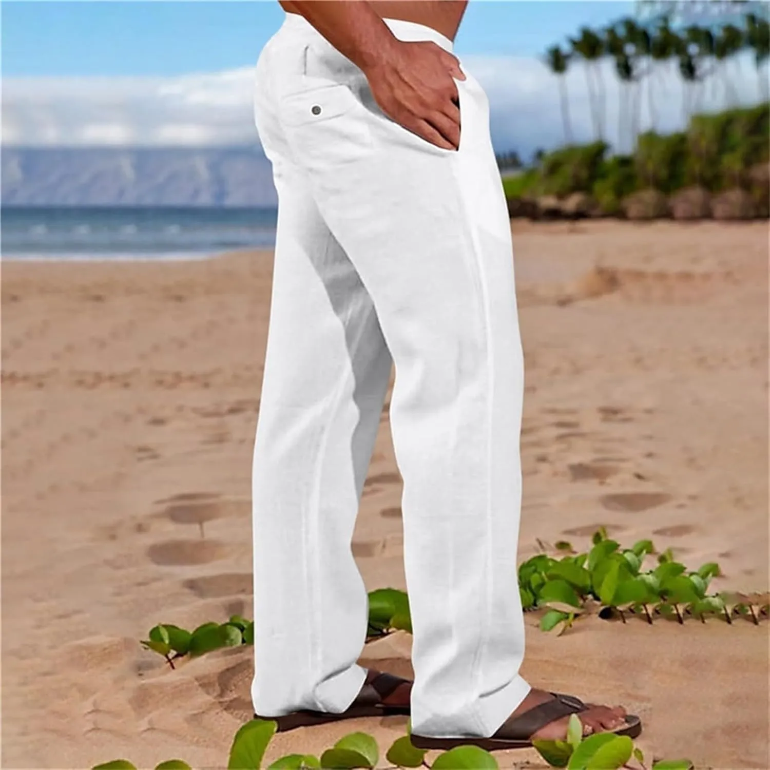 Mens Cotton Linen Slim Fit Pants Lightweight Drawstrings Summer Beach Trousers Breathable Casual Multi Pockets Yoga Pants