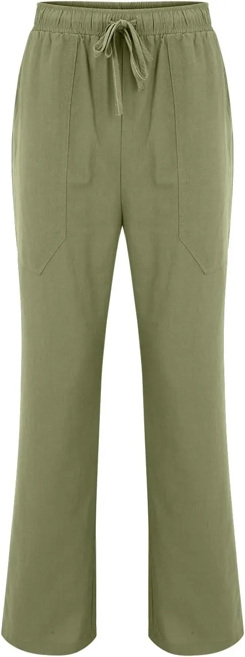 Mens Cotton Linen Slim Fit Pants Lightweight Drawstrings Summer Beach Trousers Breathable Casual Multi Pockets Yoga Pants