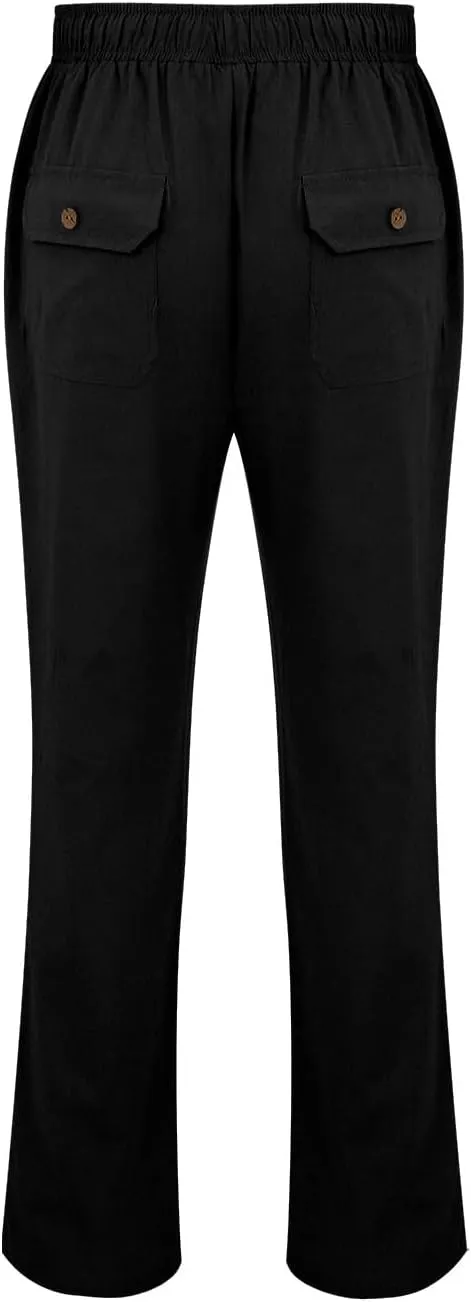 Mens Cotton Linen Slim Fit Pants Lightweight Drawstrings Summer Beach Trousers Breathable Casual Multi Pockets Yoga Pants