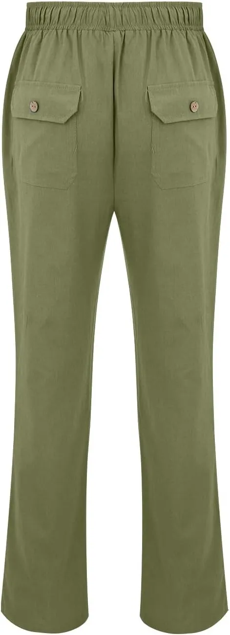 Mens Cotton Linen Slim Fit Pants Lightweight Drawstrings Summer Beach Trousers Breathable Casual Multi Pockets Yoga Pants