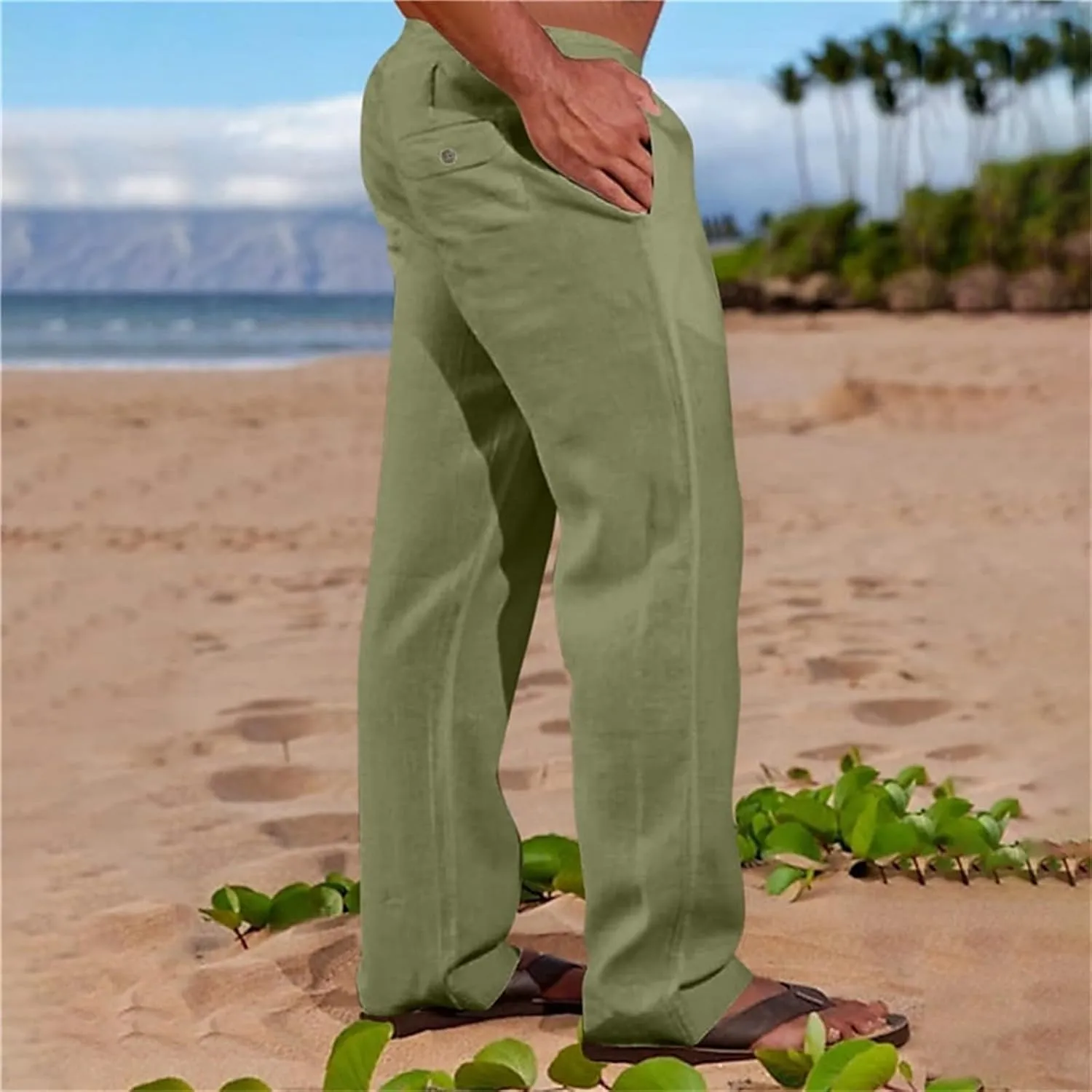 Mens Cotton Linen Slim Fit Pants Lightweight Drawstrings Summer Beach Trousers Breathable Casual Multi Pockets Yoga Pants