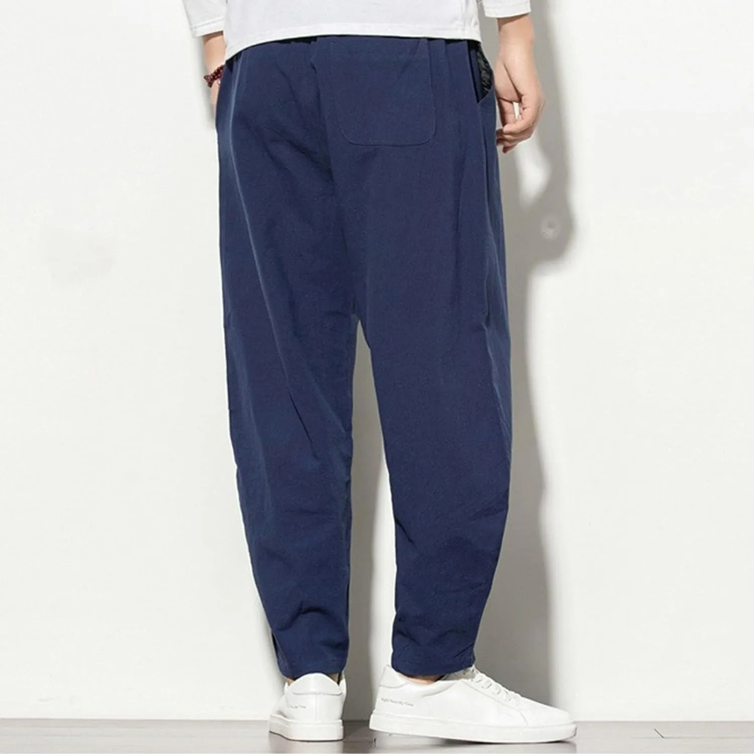Men's Loose Fit Drawstring Hiking Pants Cotton Linen Breathable Outdoor Trousers Solid Casual Summer Sweatpants