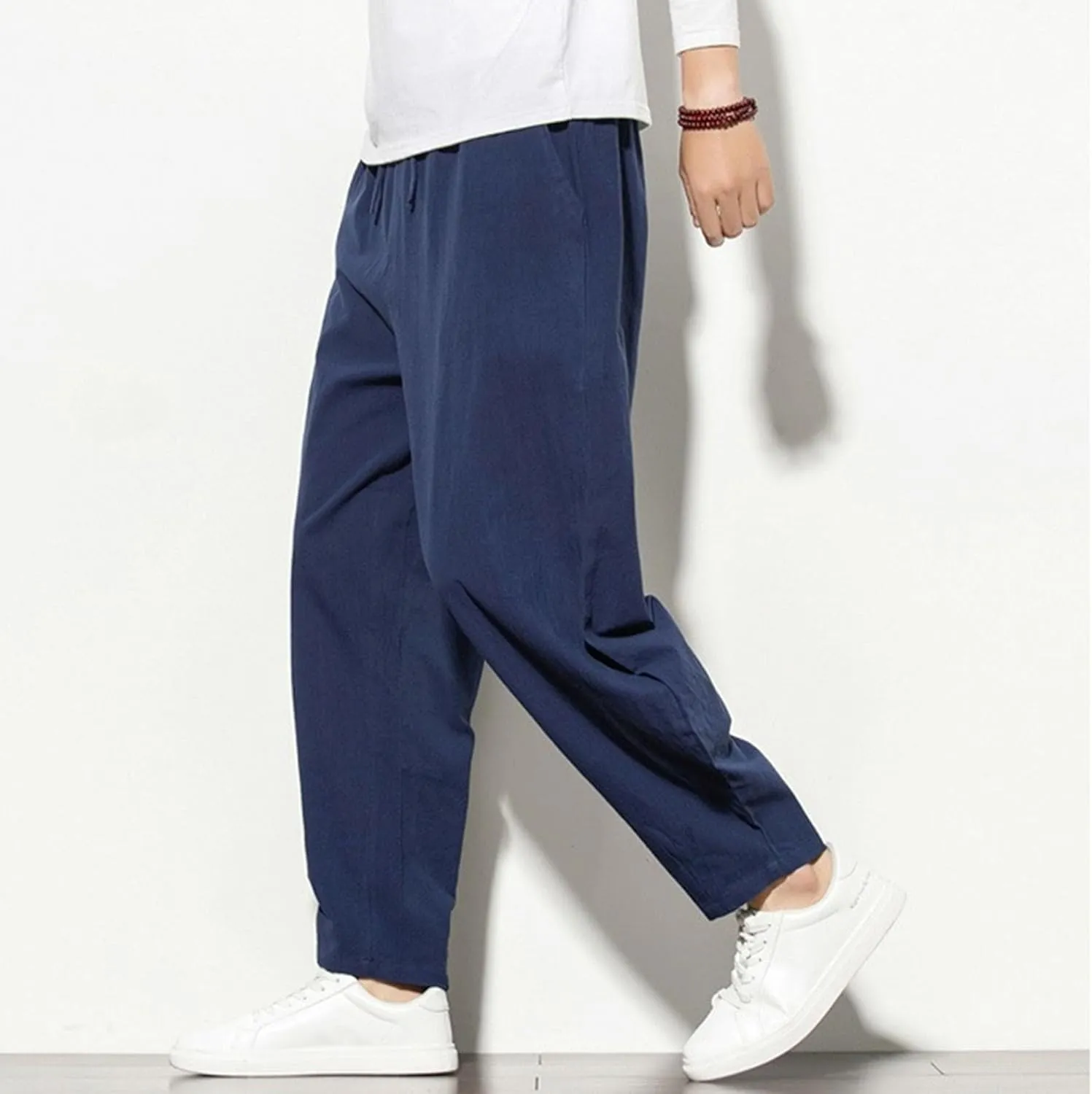 Men's Loose Fit Drawstring Hiking Pants Cotton Linen Breathable Outdoor Trousers Solid Casual Summer Sweatpants