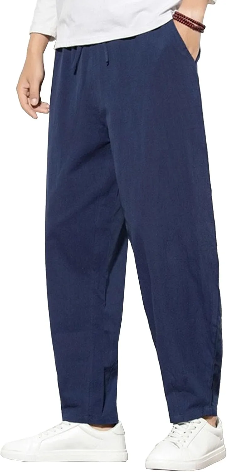 Men's Loose Fit Drawstring Hiking Pants Cotton Linen Breathable Outdoor Trousers Solid Casual Summer Sweatpants