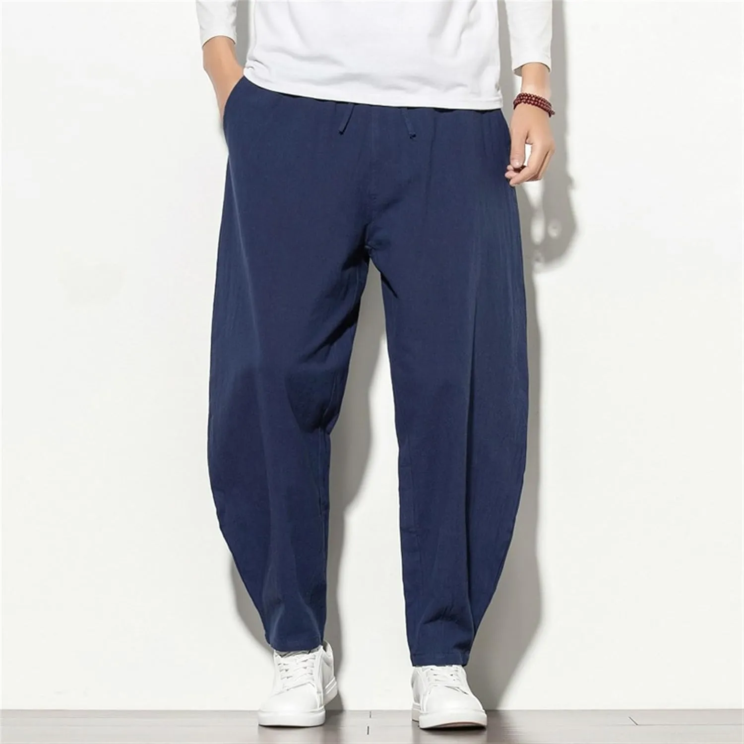 Men's Loose Fit Drawstring Hiking Pants Cotton Linen Breathable Outdoor Trousers Solid Casual Summer Sweatpants