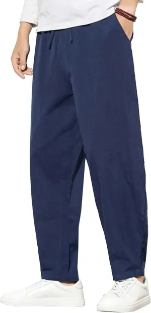 Men's Loose Fit Drawstring Hiking Pants Cotton Linen Breathable Outdoor Trousers Solid Casual Summer Sweatpants
