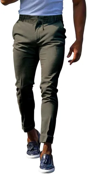 Mens Slim Fit Stretchy Casual Pants with Drawstrings Breathable Tapered Chino Pants for Work Flat Front Casual Golf Pant