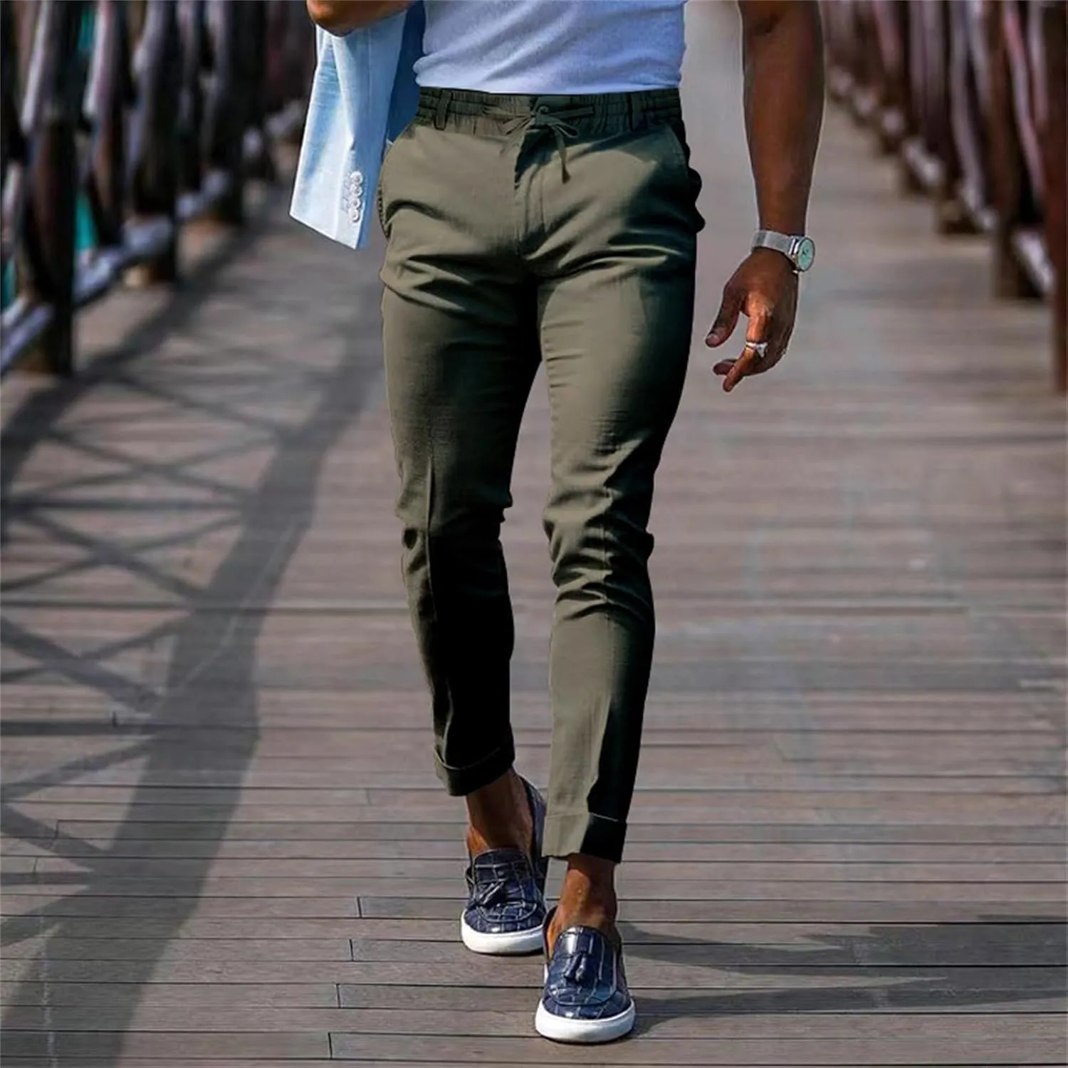Mens Slim Fit Stretchy Casual Pants with Drawstrings Breathable Tapered Chino Pants for Work Flat Front Casual Golf Pant